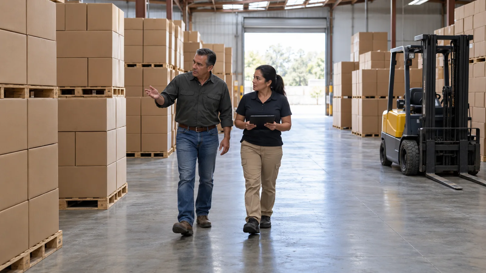 A business owner and supervisor walking through a warehouse