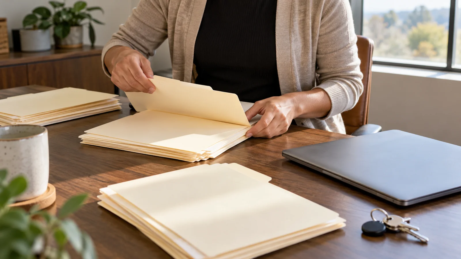 A business owner organizing plain folders beside a closed laptop