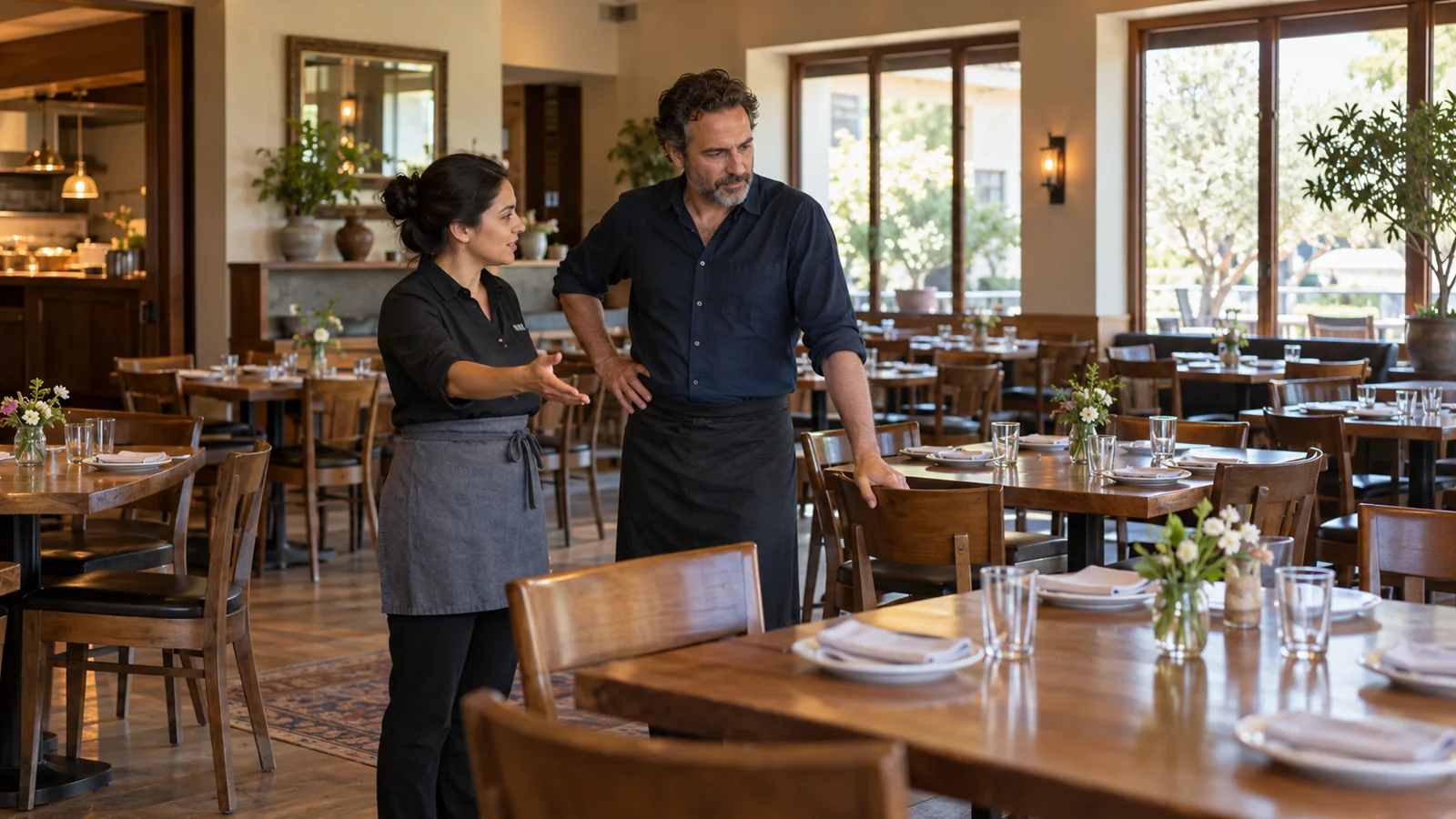 A restaurant owner and manager checking the dining room before opening
